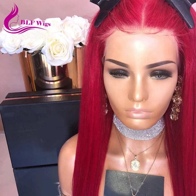 Red Colored Human Hair Wigs Silky Straight Brazilian Virgin Hair Glueless Full Lace Wigs Bleached Knots Invisible Middle Part