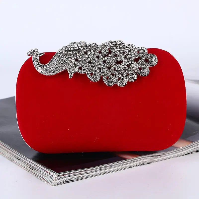 Red Factory direct wholesale brand new velour clutches crystal phoenix metal frame evening bag for women party prom wedding banquet