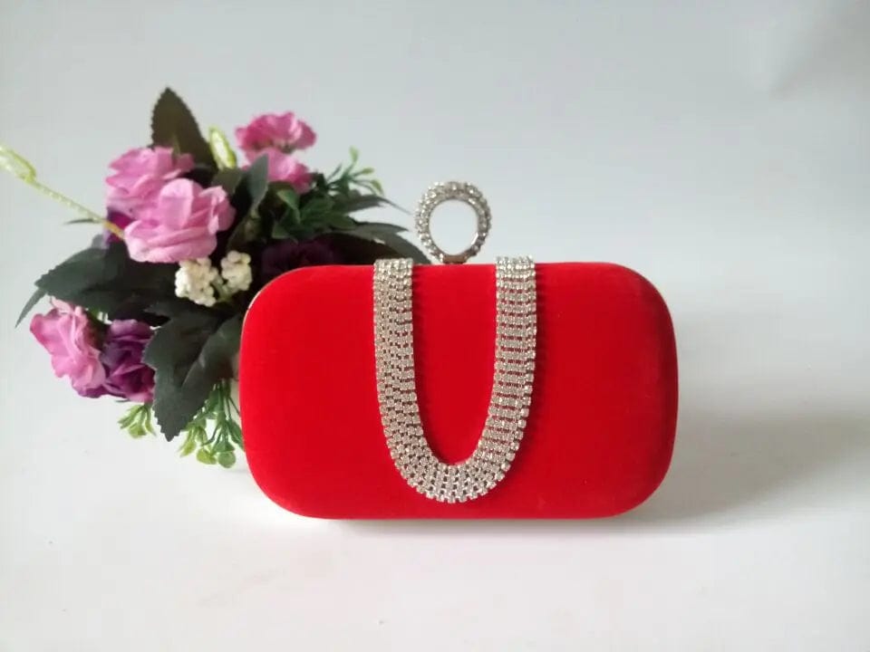 Red Fashion U-shaped Diamond Set Lady's Top Grade Ring Buckle Exquisite Suede Matching Gown Portable Evening Bag