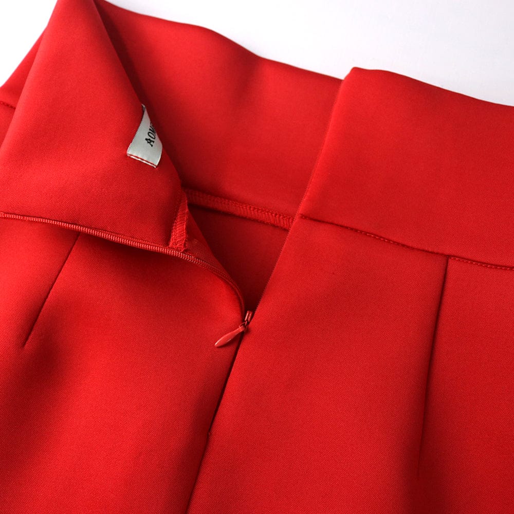 Red High Waist Skirts Half Sleeves Sashes Office Women Two Pieces Sets