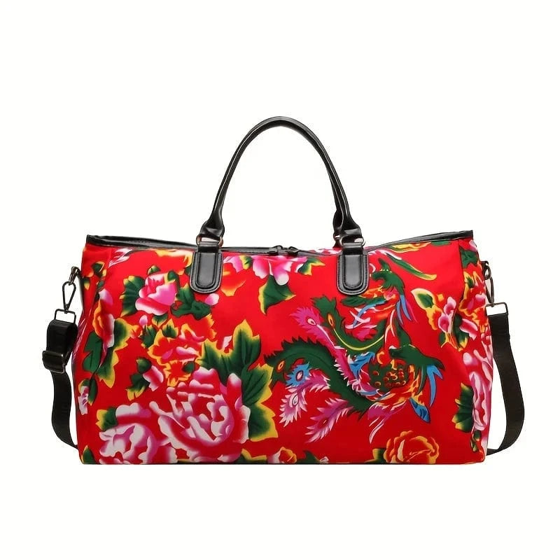 Red Large Capacity Shoulder Weekender Bag Trendy Ethnic Style Flower Pattern Travel Duffel Bag
