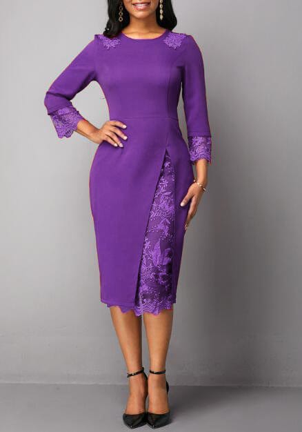 Red O Neck Petal Sleeve Lace Patchwork Slim Big Size Lady Career Dress