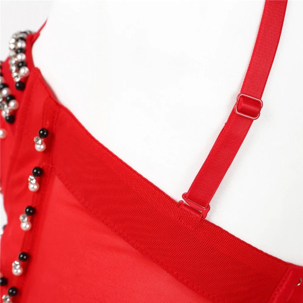 Red satin strapless sexy mature rhinestone plus size sexy busty half cup corset corset bustier