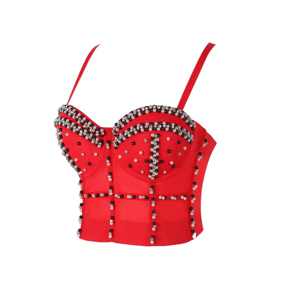 Red satin strapless sexy mature rhinestone plus size sexy busty half cup corset corset bustier
