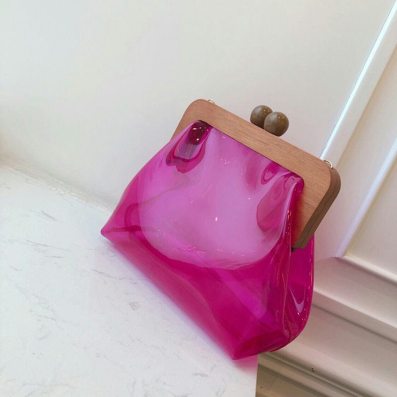 Red Transparent Wooden Lady Hand Bag with Circular Ring Handle Chain Crossbody Bag
