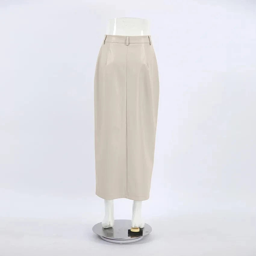 RedPeony Elegant Sexy Straight Skirts Women 2023 Autumn Black Office Lady Slit Pu Skirts Fashion Khaki Leather Long Skirts