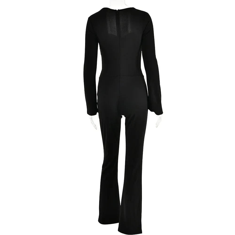 RedPeony Women's Sexy Hollow Slim Bell Bottoms Solid Flowers Decorate High-waisted Women Clothing Long Sleeve Jumpsuit