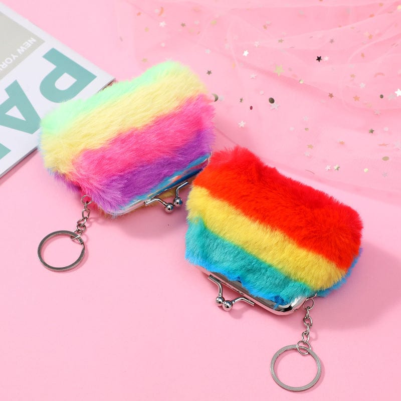 Retail Rainbow Rabbit Hair Change Purse Plush Pink Coin Purse For Girls Backpack Pendant