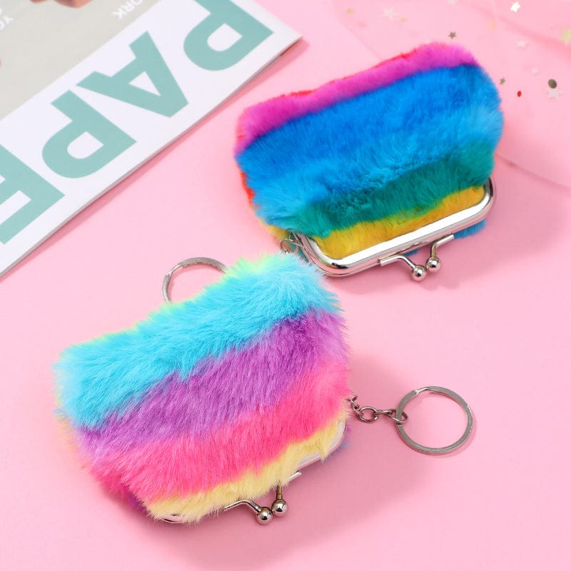 Retail Rainbow Rabbit Hair Change Purse Plush Pink Coin Purse For Girls Backpack Pendant