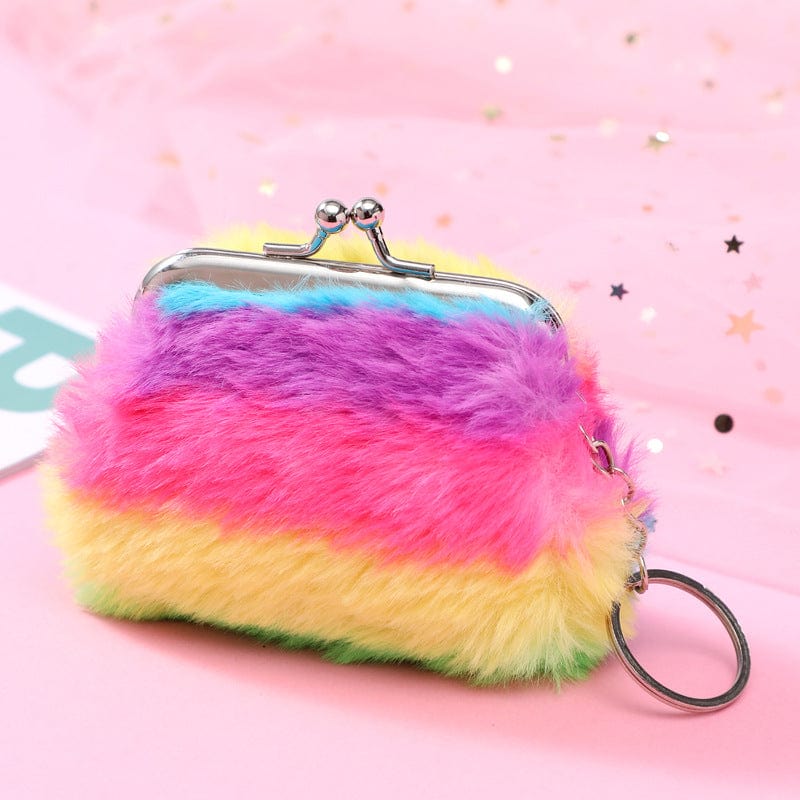 Retail Rainbow Rabbit Hair Change Purse Plush Pink Coin Purse For Girls Backpack Pendant