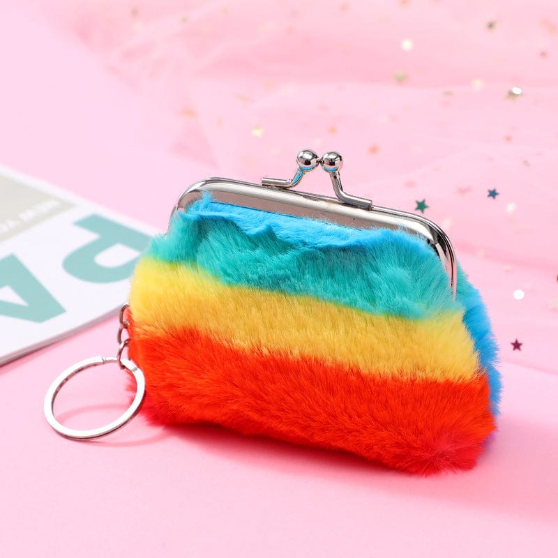 Retail Rainbow Rabbit Hair Change Purse Plush Pink Coin Purse For Girls Backpack Pendant