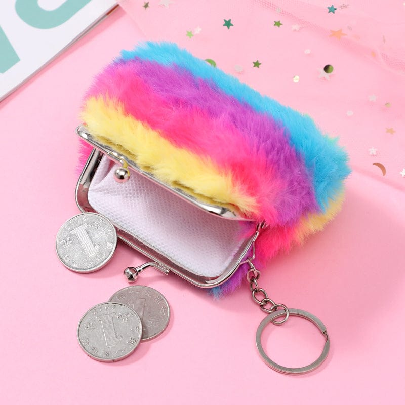 Retail Rainbow Rabbit Hair Change Purse Plush Pink Coin Purse For Girls Backpack Pendant