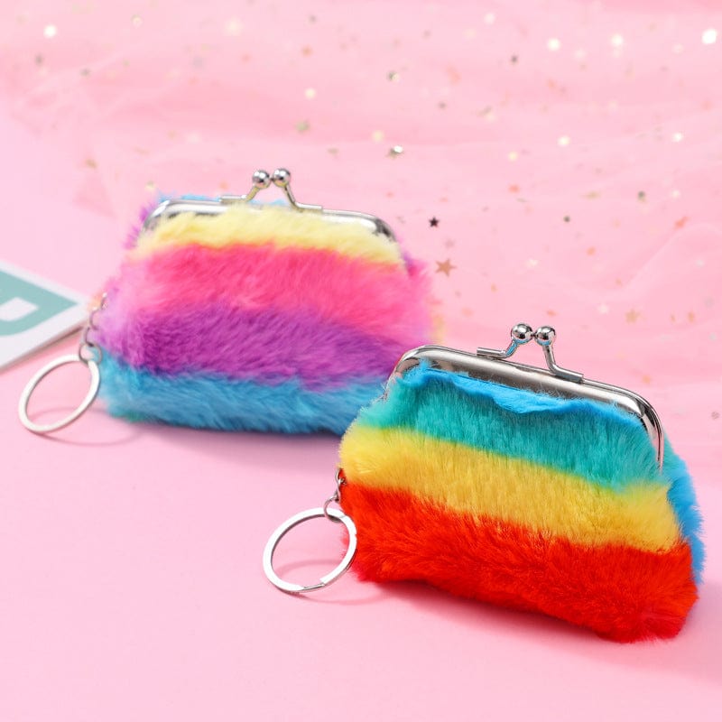Retail Rainbow Rabbit Hair Change Purse Plush Pink Coin Purse For Girls Backpack Pendant