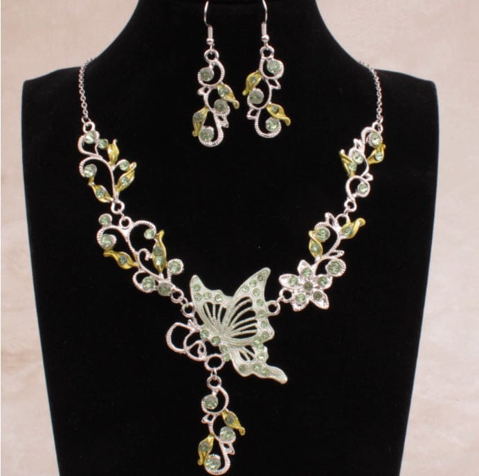 Retro Butterfly Crystal Rhinestone Bridal Necklace Earrings Set Womens Jewellery