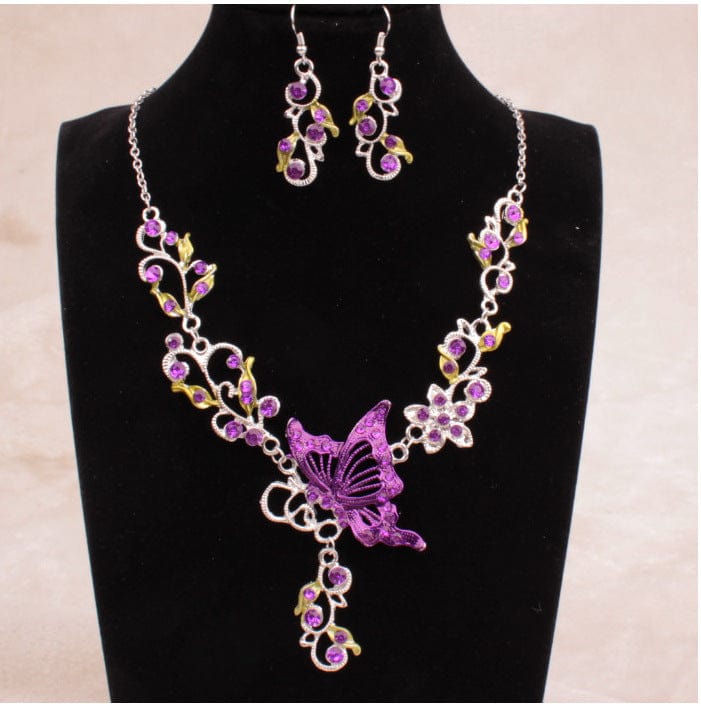 Retro Butterfly Crystal Rhinestone Bridal Necklace Earrings Set Womens Jewellery