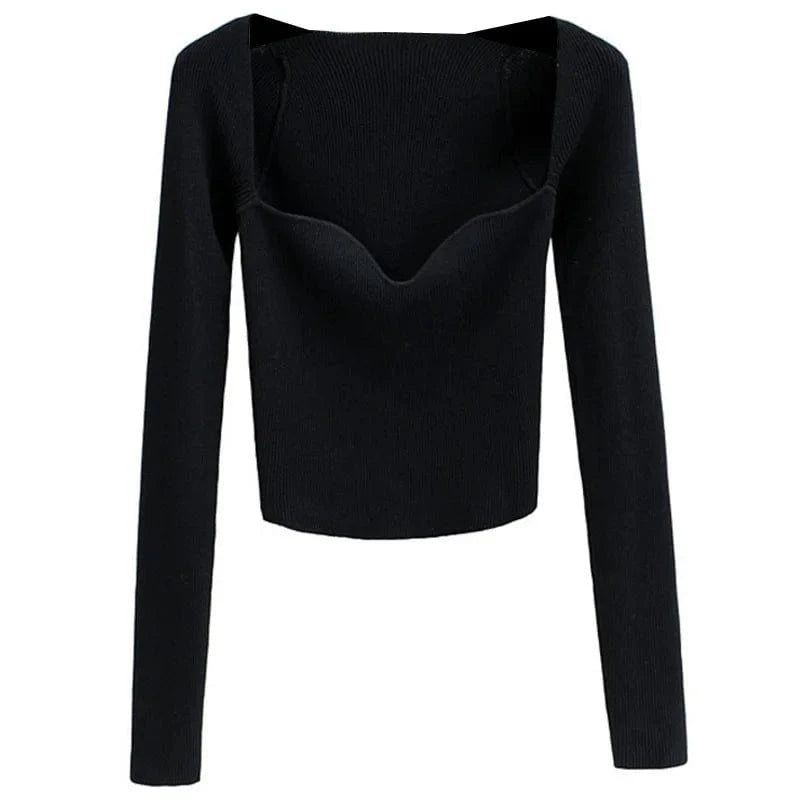 Retro Collarbone Square Collar Women Knit Tops Slim Long Sleeve Pullover Sweater Autumn Sexy Base Sweater clothing  Knitwear