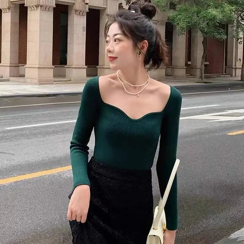 Retro Collarbone Square Collar Women Knit Tops Slim Long Sleeve Pullover Sweater Autumn Sexy Base Sweater clothing  Knitwear