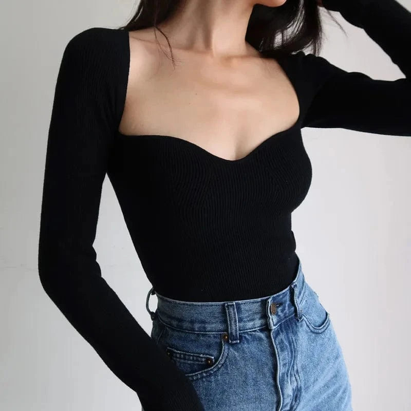 Retro Collarbone Square Collar Women Knit Tops Slim Long Sleeve Pullover Sweater Autumn Sexy Base Sweater clothing  Knitwear