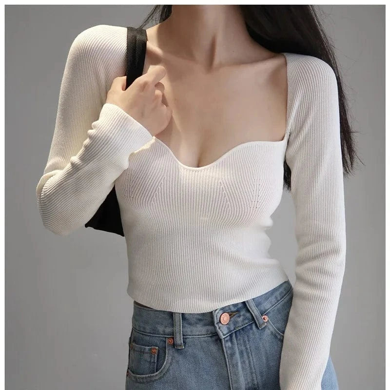 Retro Collarbone Square Collar Women Knit Tops Slim Long Sleeve Pullover Sweater Autumn Sexy Base Sweater clothing  Knitwear