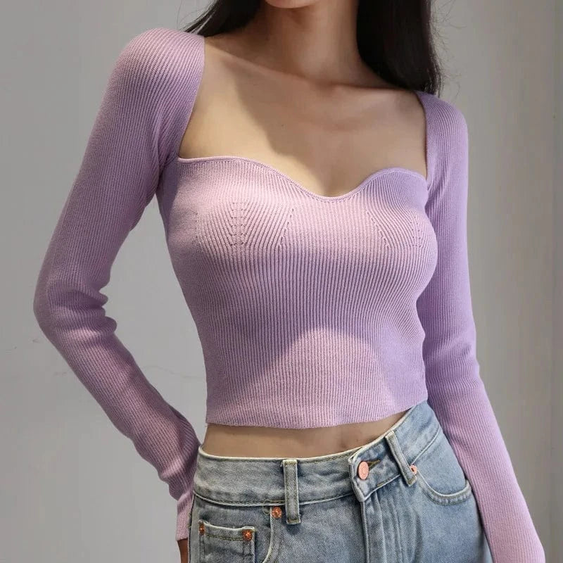 Retro Collarbone Square Collar Women Knit Tops Slim Long Sleeve Pullover Sweater Autumn Sexy Base Sweater clothing  Knitwear
