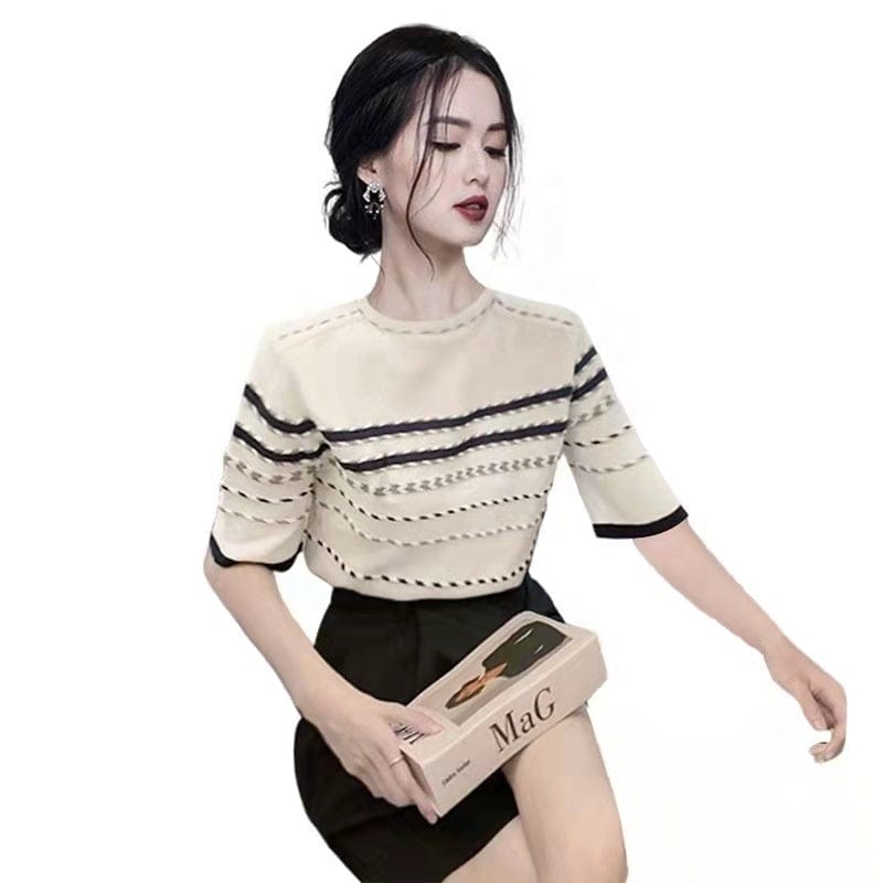 Retro High-Grade French Striped Shirt 2022 Summer New Design Sense Western Style Women's Clothing Top
