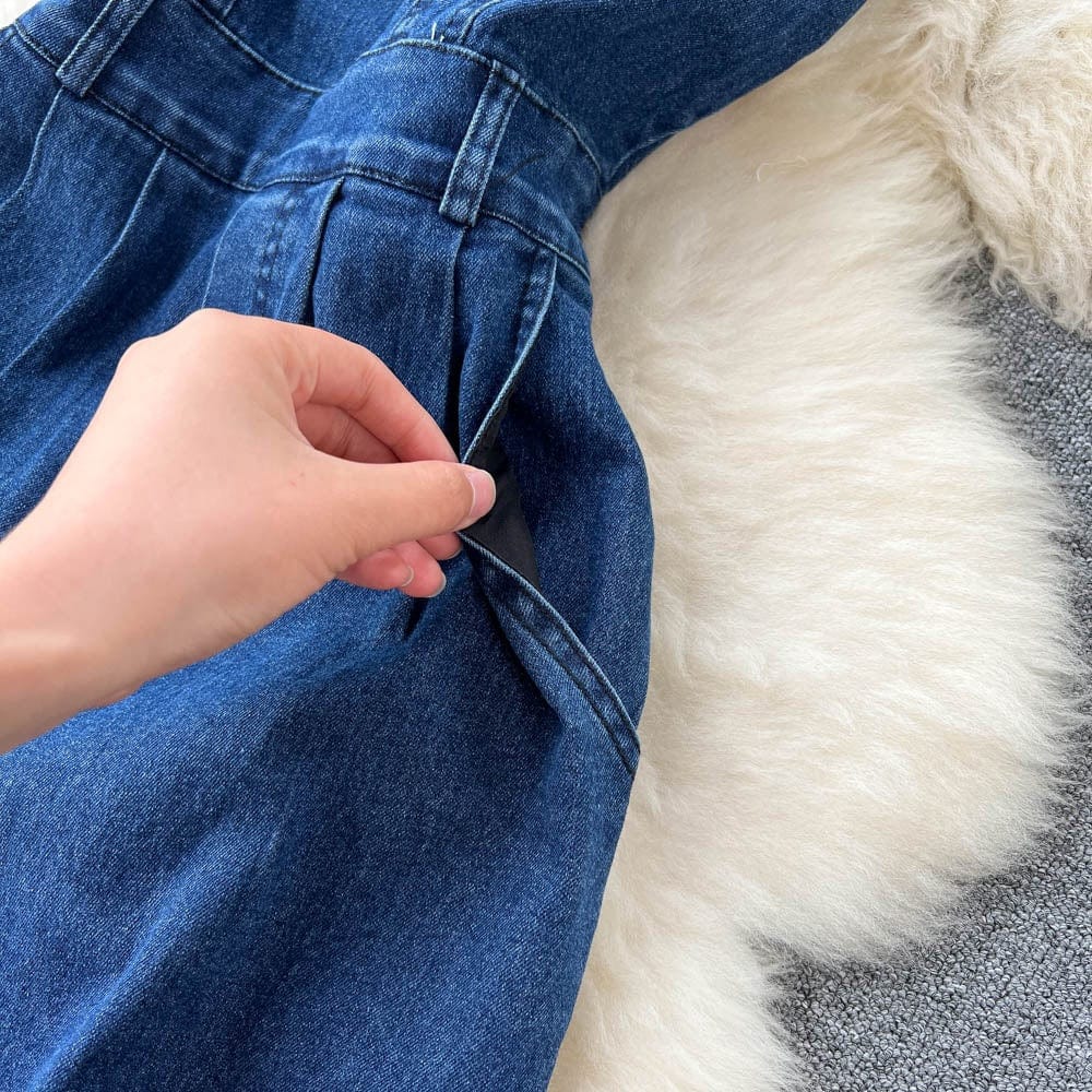 Retro Spice Style Halter Top Denim Jumpsuit Women's Summer Waist Slim-Fit Wide-Leg Pants