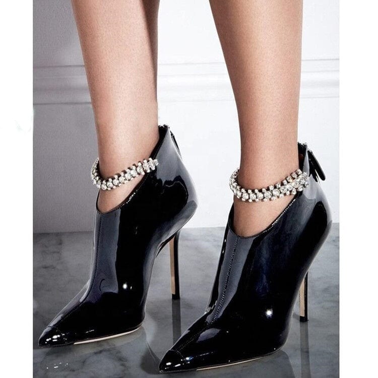 Retro Style Ladies Black Leather Ankle Boots High Stiletto Heel Rhinestone Decor Back Zipper Short Booties Fancy Shoes Women