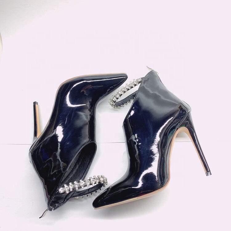 Retro Style Ladies Black Leather Ankle Boots High Stiletto Heel Rhinestone Decor Back Zipper Short Booties Fancy Shoes Women
