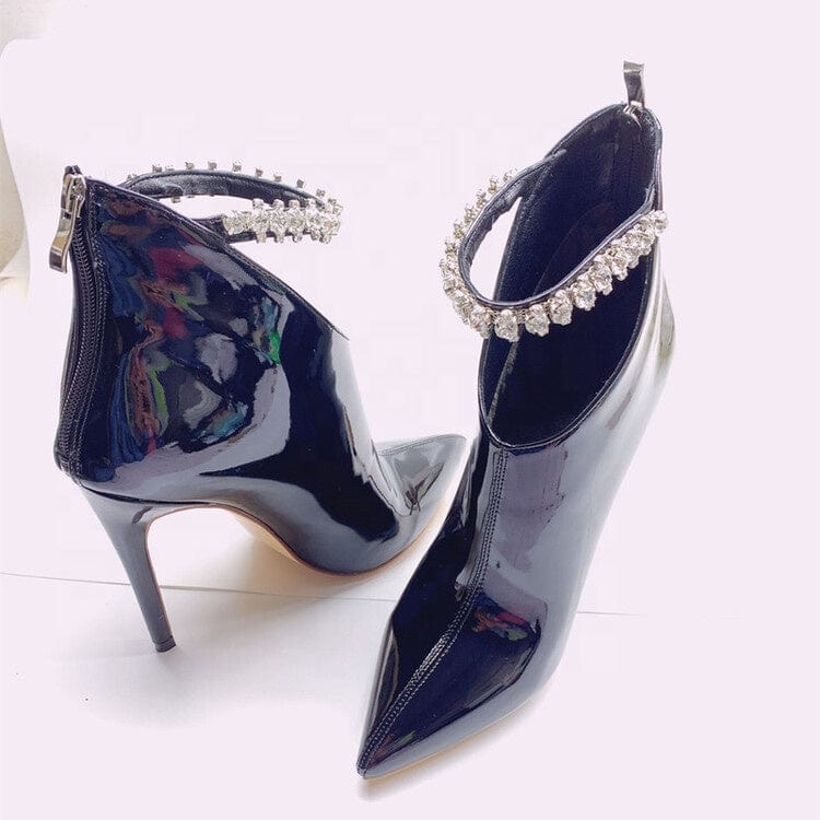 Retro Style Ladies Black Leather Ankle Boots High Stiletto Heel Rhinestone Decor Back Zipper Short Booties Fancy Shoes Women
