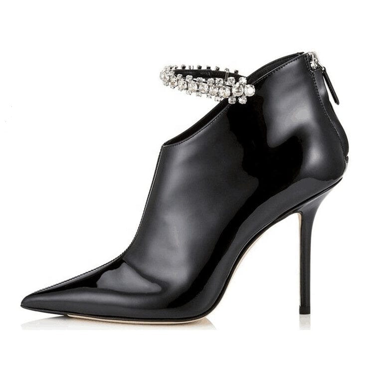 Retro Style Ladies Black Leather Ankle Boots High Stiletto Heel Rhinestone Decor Back Zipper Short Booties Fancy Shoes Women
