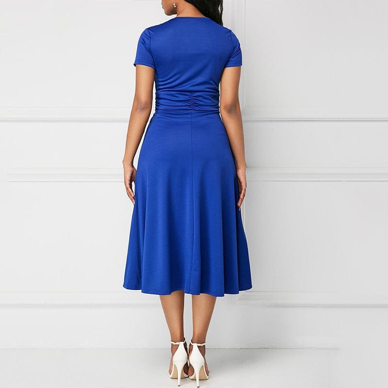 Retro Women High Waist Irregular Midi Dresses Summer Fashion V-neck Short Sleeve A-line Party Dress Elegant Office Lady