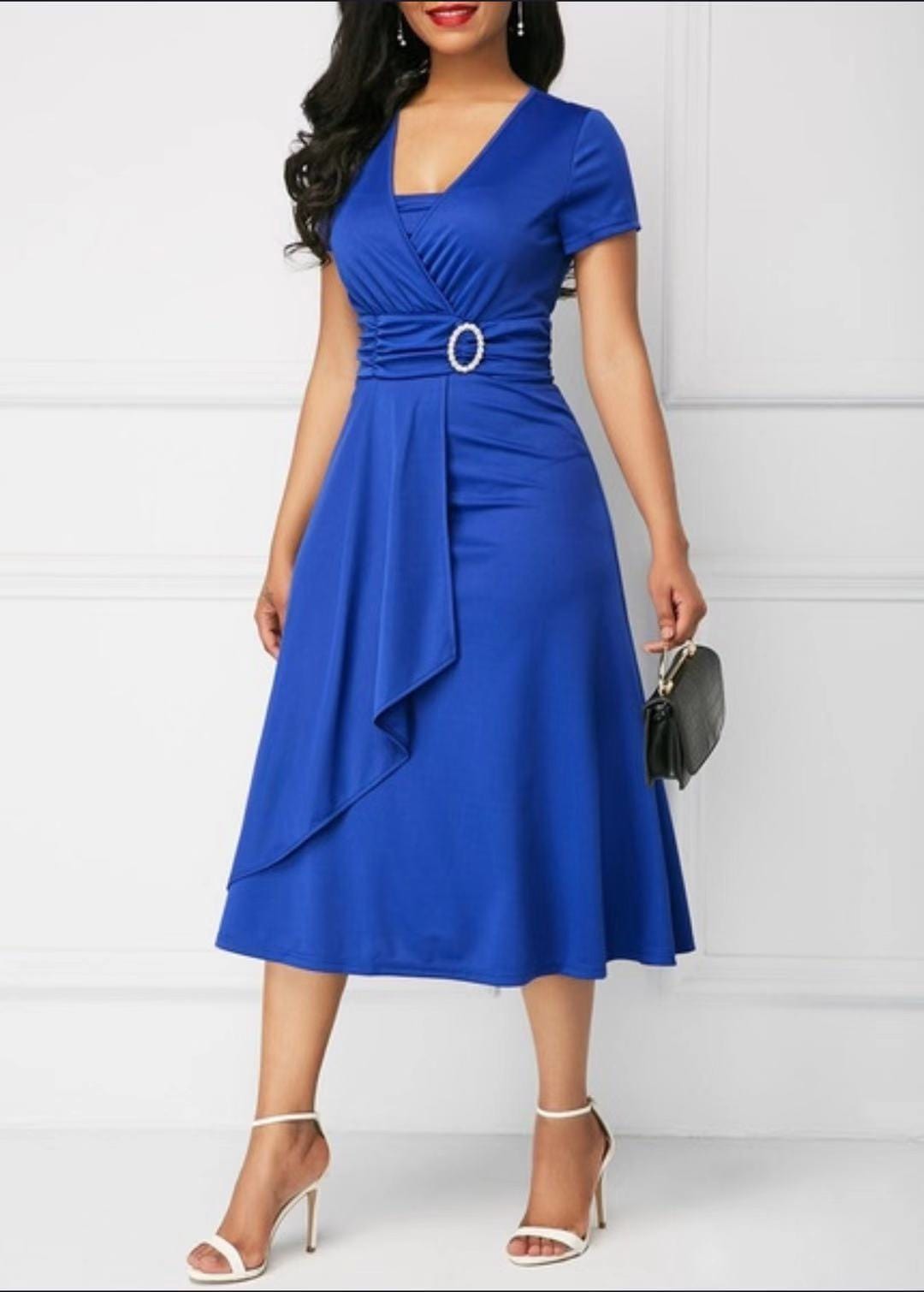 Retro Women High Waist Irregular Midi Dresses Summer Fashion V-neck Short Sleeve A-line Party Dress Elegant Office Lady