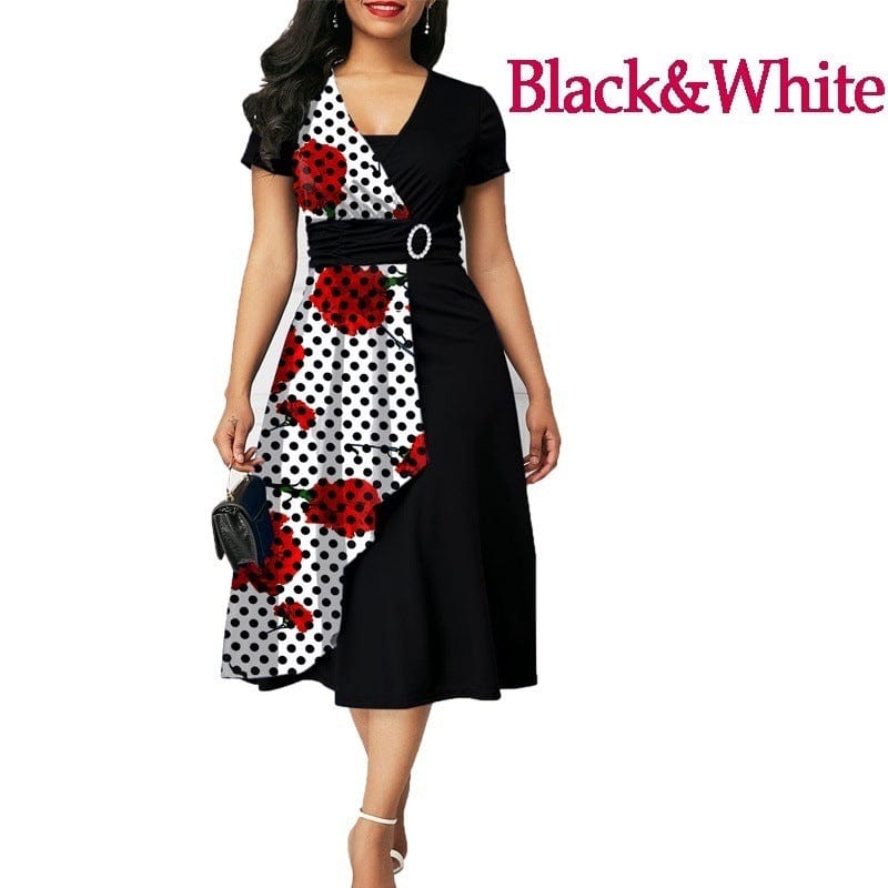 Retro Women High Waist Irregular Midi Dresses Summer Fashion V-neck Short Sleeve A-line Party Dress Elegant Office Lady