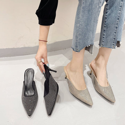 Rivet high-heeled Baotou personalized women's sandals 2023 autumn new stiletto pointed toe outer wear