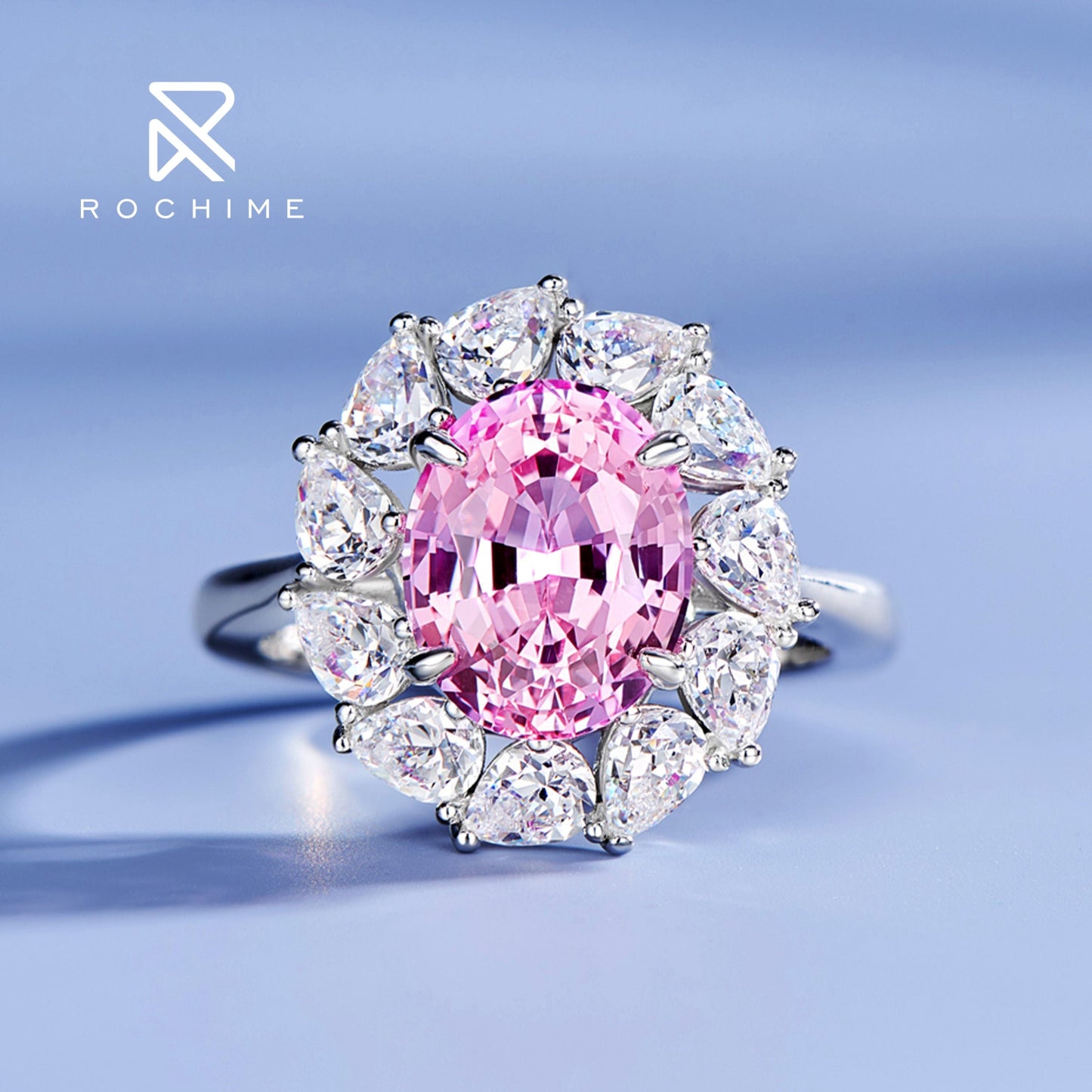 Rochime flower cluster lab grown padparadscha pink gemstone rings 925 sterling silver gold plated trendy jewelry for women