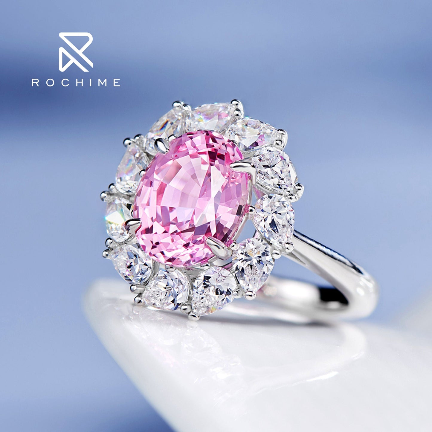 Rochime flower cluster lab grown padparadscha pink gemstone rings 925 sterling silver gold plated trendy jewelry for women
