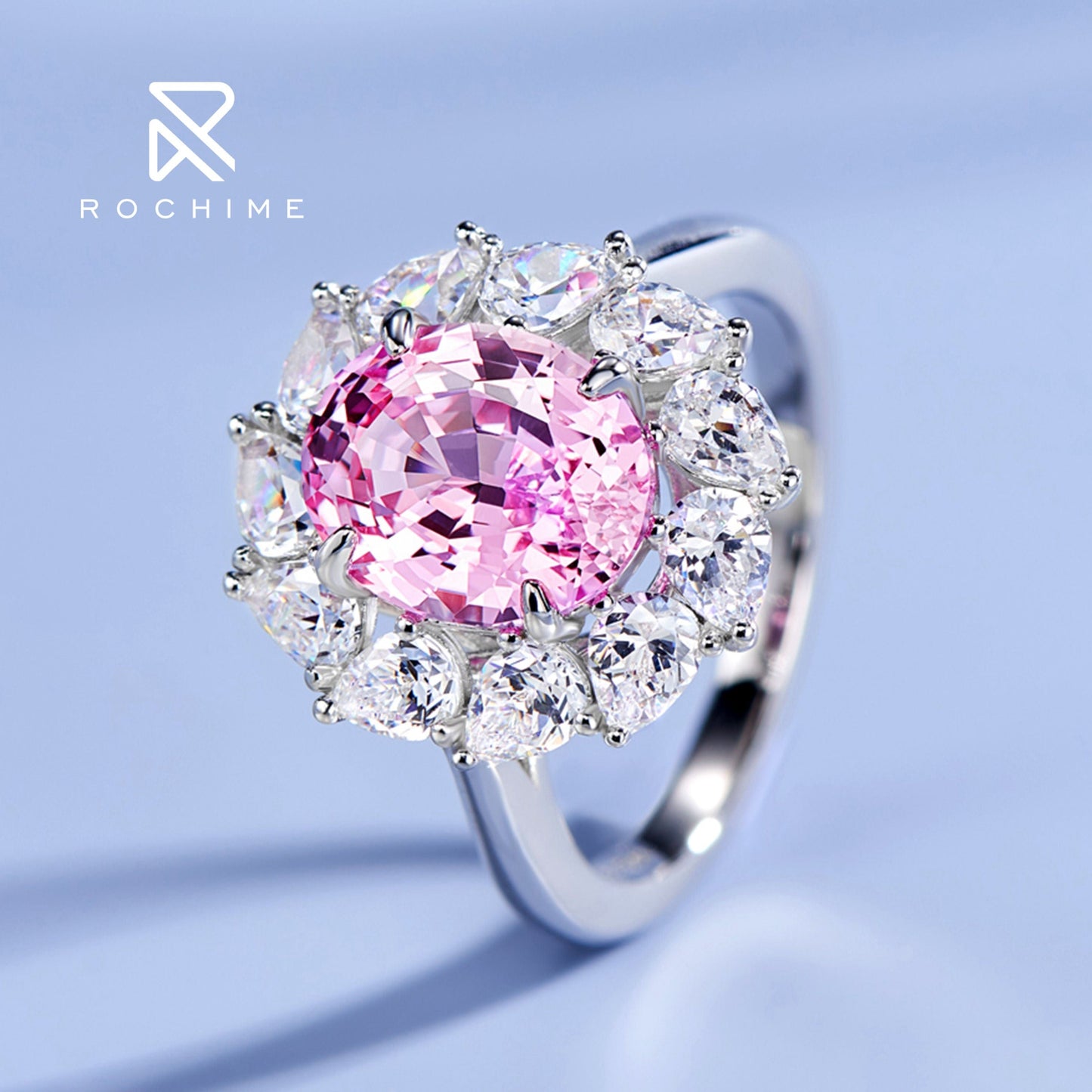 Rochime flower cluster lab grown padparadscha pink gemstone rings 925 sterling silver gold plated trendy jewelry for women