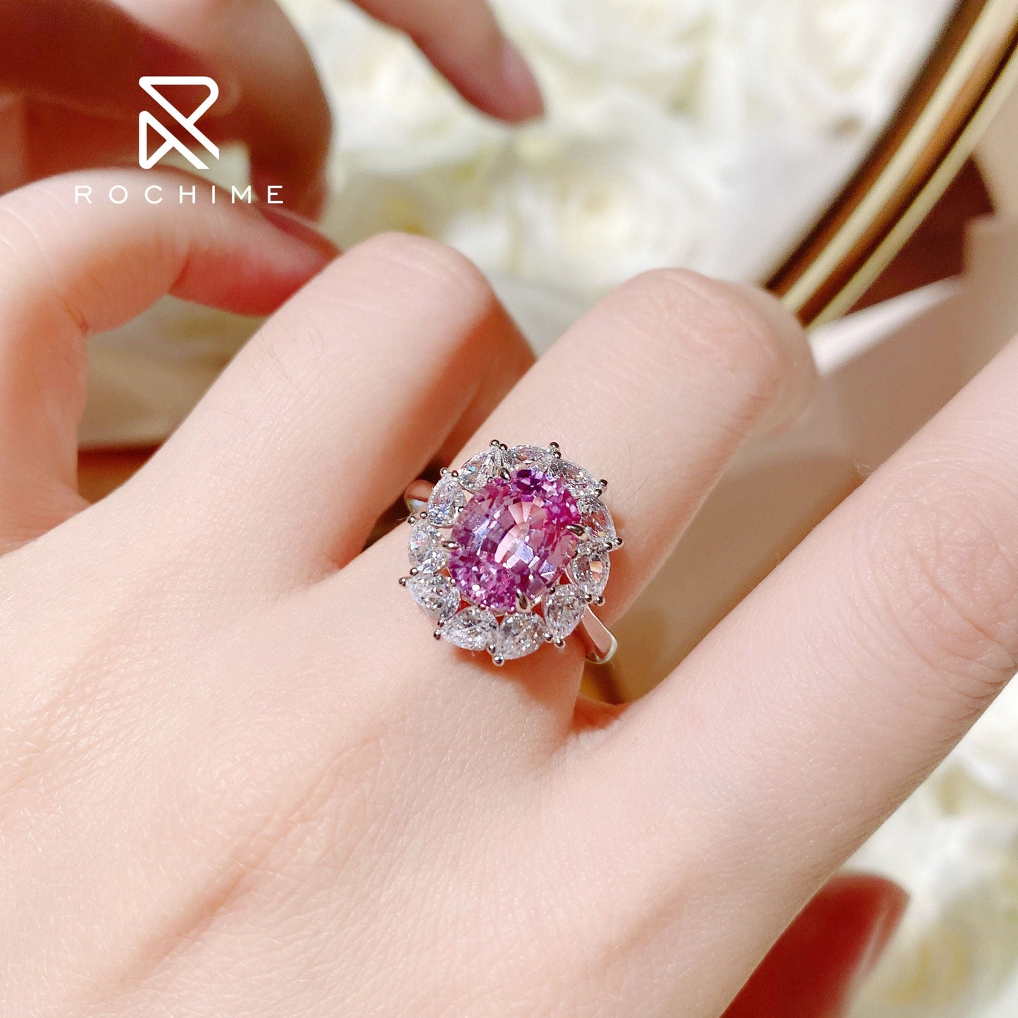 Rochime flower cluster lab grown padparadscha pink gemstone rings 925 sterling silver gold plated trendy jewelry for women