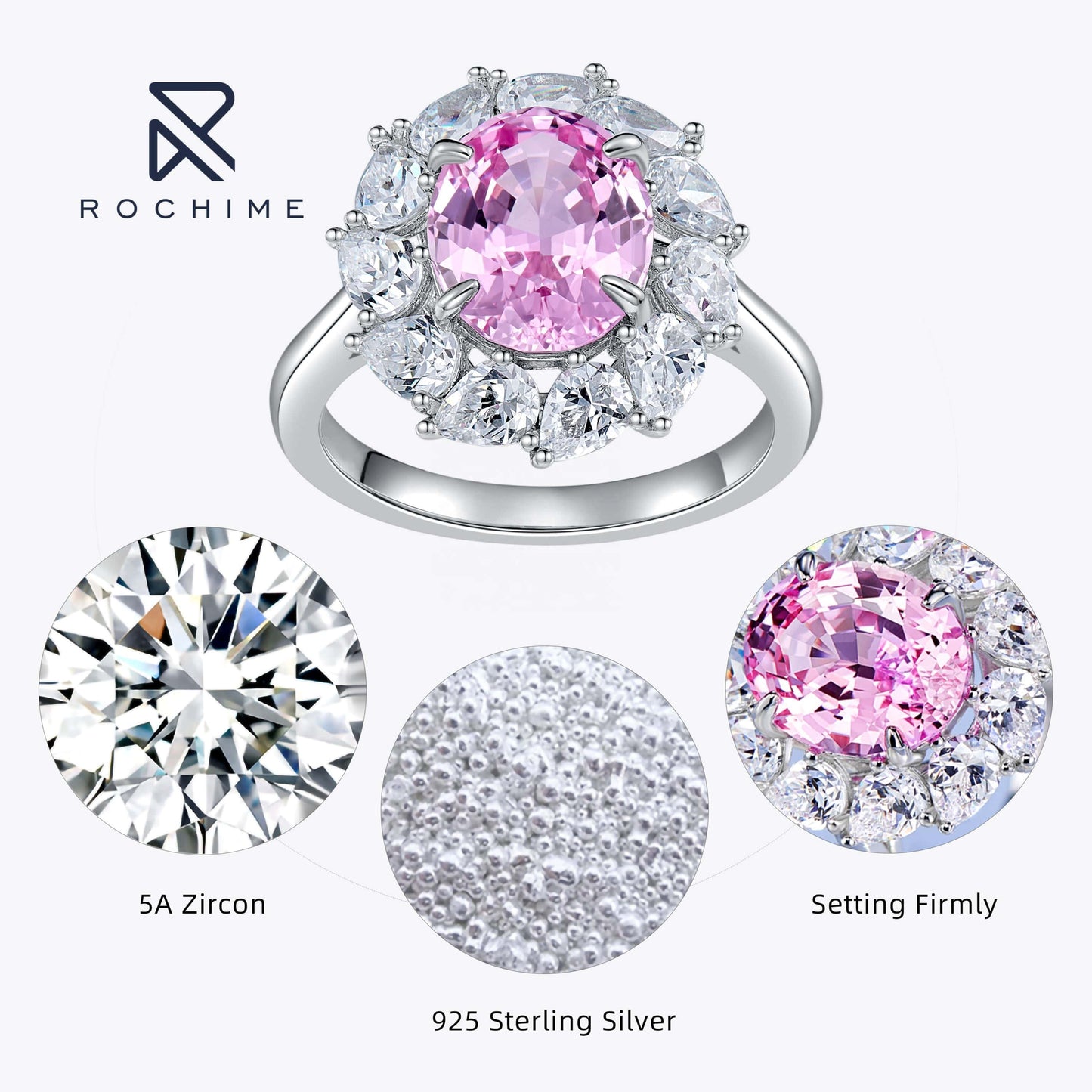 Rochime flower cluster lab grown padparadscha pink gemstone rings 925 sterling silver gold plated trendy jewelry for women