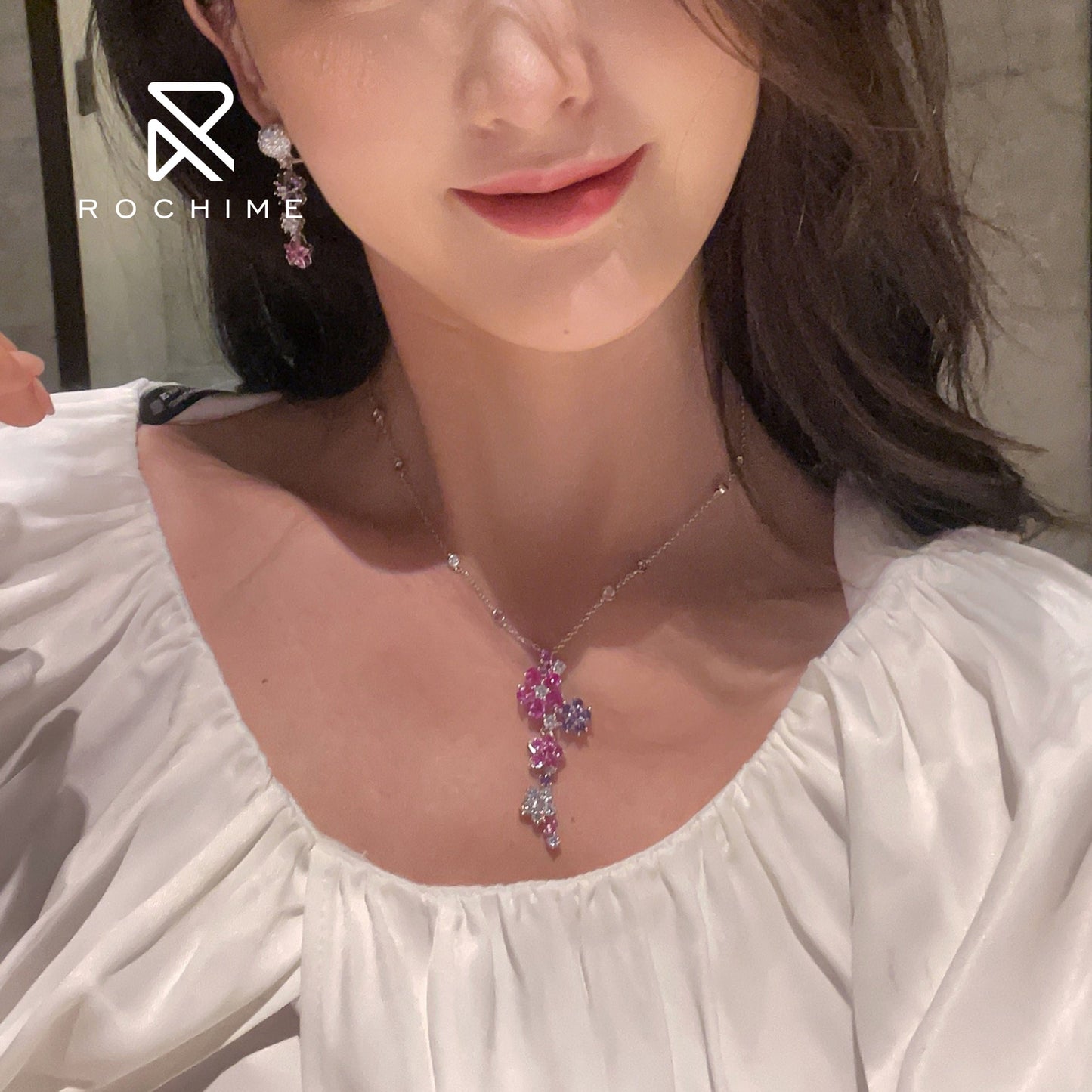 Rochime stylish jewelry set summer flower diamond necklace earring 925 silver rhodium plated jewelry