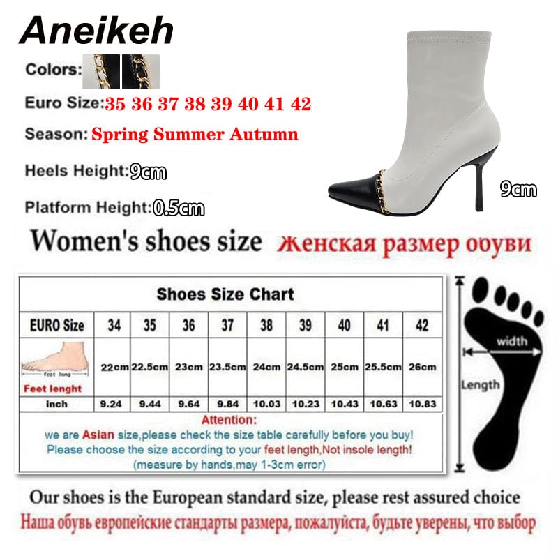 Rome Style Mixed Black White 2022 Colors PU Square Toe Gold Chain Decoration Thin High Heel Mid-Calf Boots 35-40 Women Shoes