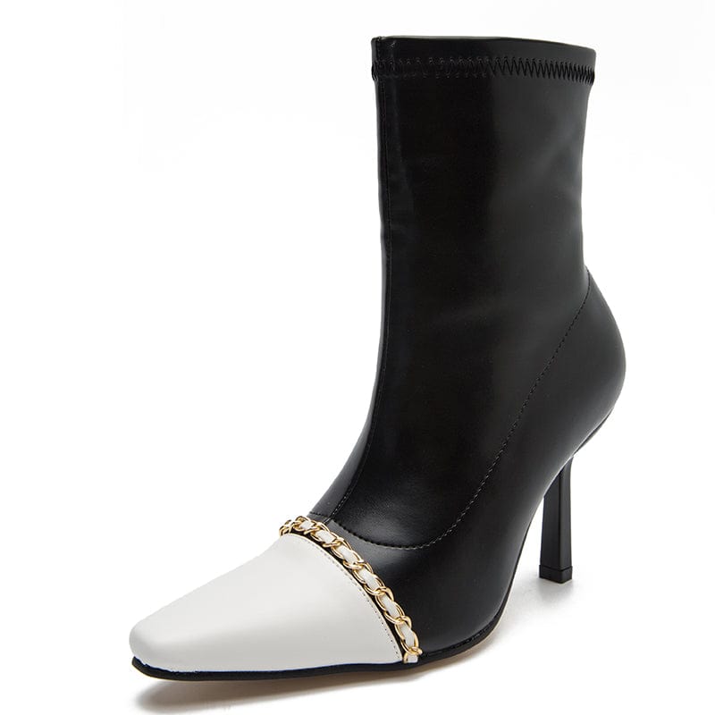 Rome Style Mixed Black White 2022 Colors PU Square Toe Gold Chain Decoration Thin High Heel Mid-Calf Boots 35-40 Women Shoes