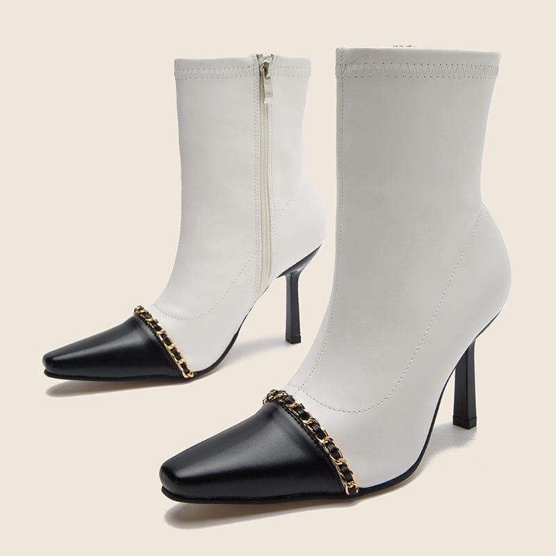Rome Style Mixed Black White 2022 Colors PU Square Toe Gold Chain Decoration Thin High Heel Mid-Calf Boots 35-40 Women Shoes