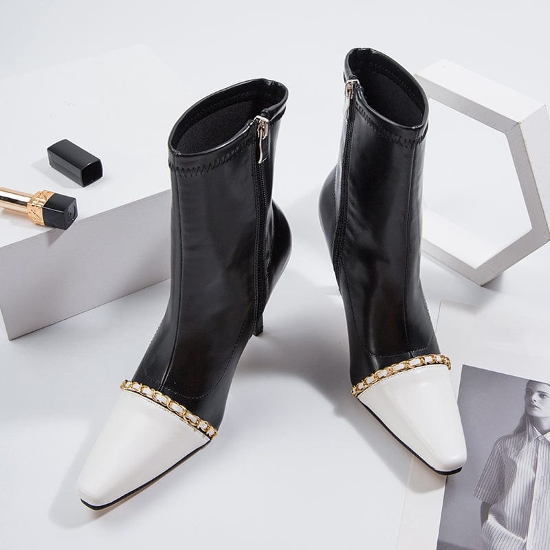 Rome Style Mixed Black White 2022 Colors PU Square Toe Gold Chain Decoration Thin High Heel Mid-Calf Boots 35-40 Women Shoes