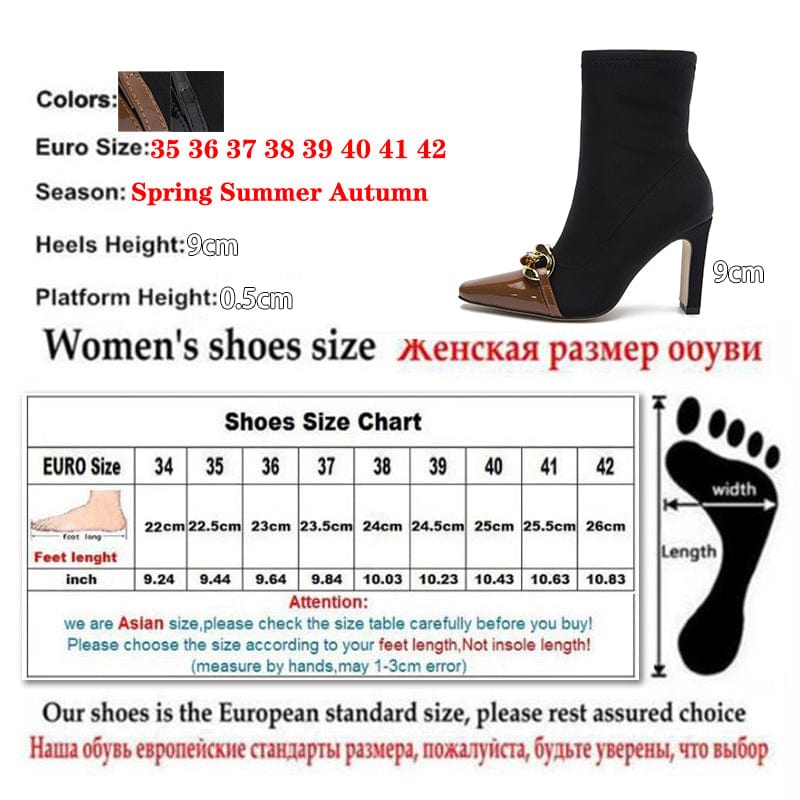 Rome Style Mixed Color Black 2022 PU Square Toe Metal Decoration Thin High Heel Mid-Calf Brown Boots 36-42 Women Shoes