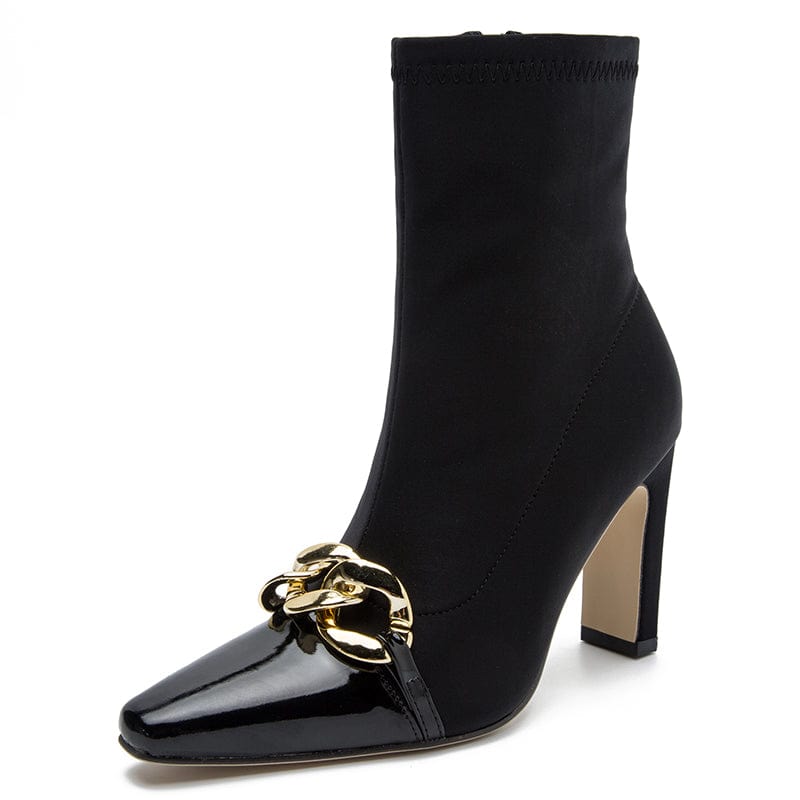 Rome Style Mixed Color Black 2022 PU Square Toe Metal Decoration Thin High Heel Mid-Calf Brown Boots 36-42 Women Shoes