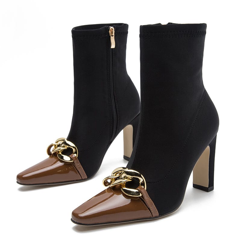 Rome Style Mixed Color Black 2022 PU Square Toe Metal Decoration Thin High Heel Mid-Calf Brown Boots 36-42 Women Shoes