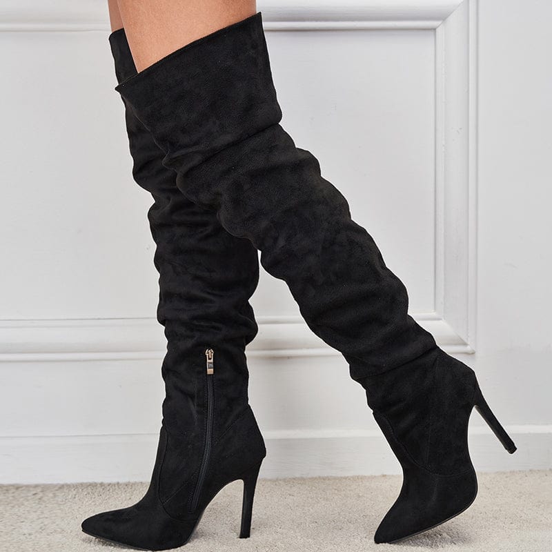 Rome Style Solid Flock Spring Autumn 2022 Fashion Over The Knee Thin High Heel Black Chelsea Boots Size 35-42 Shoes For Women