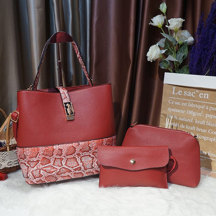 Rose Madder Women's Fashion Handbags Vintage Large Capacity Snakeskin Designer 3 in 1 Purses and Handbags