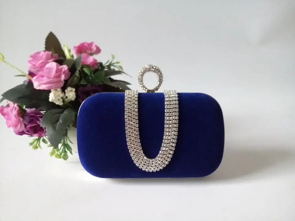 royal blue Fashion U-shaped Diamond Set Lady's Top Grade Ring Buckle Exquisite Suede Matching Gown Portable Evening Bag